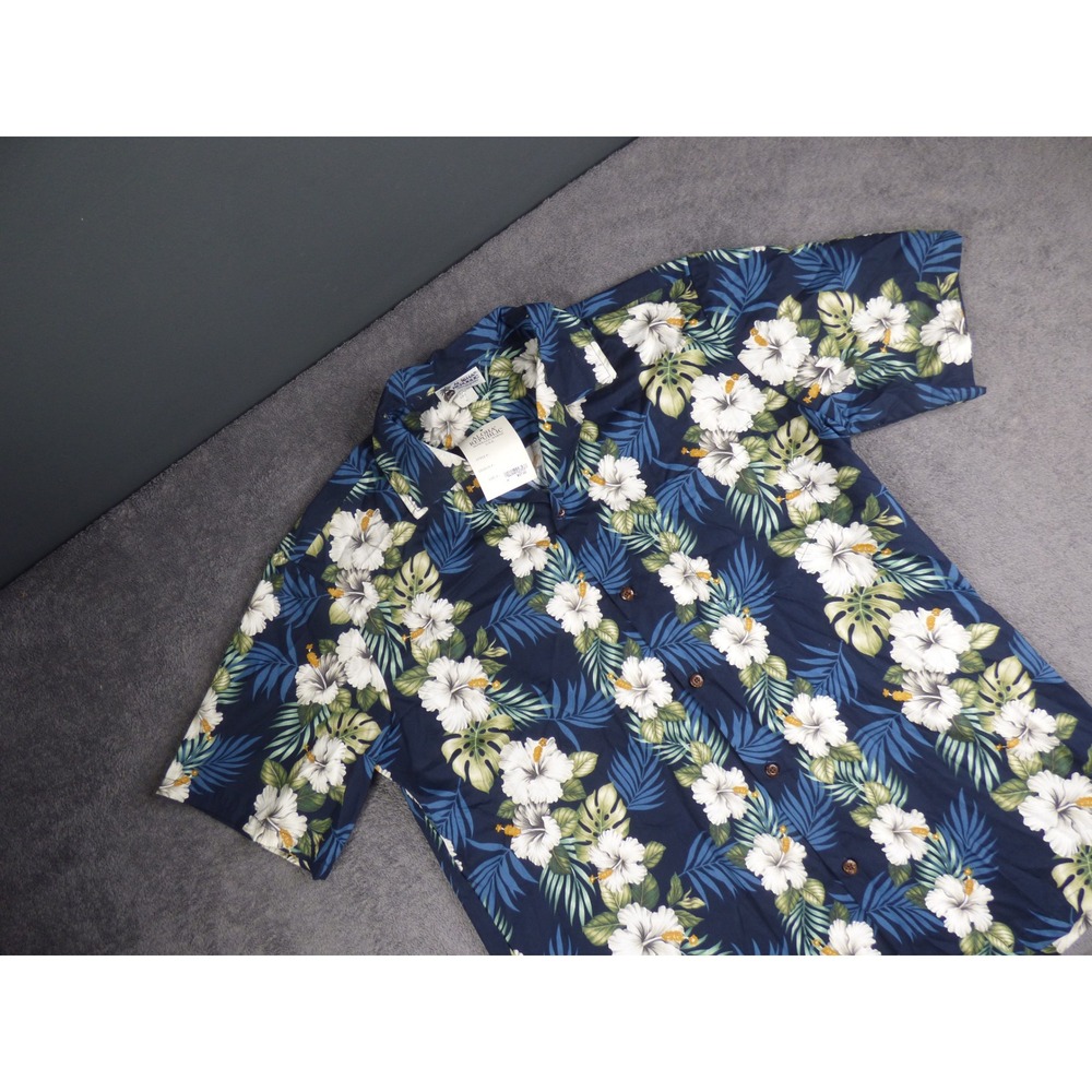 Aloha Republic Mens Navy Blue Hibiscus Floral Hawaiian Shirt Made in USA Large